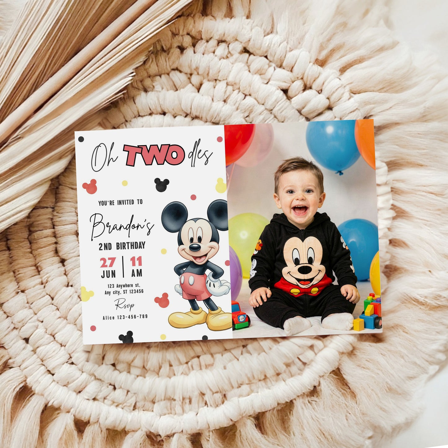 Mickey Oh TWOdles Birthday Photo Invitation, Boho Mickey Photo Invite Template, Mouse Second Birthday Photo invitation 0740
