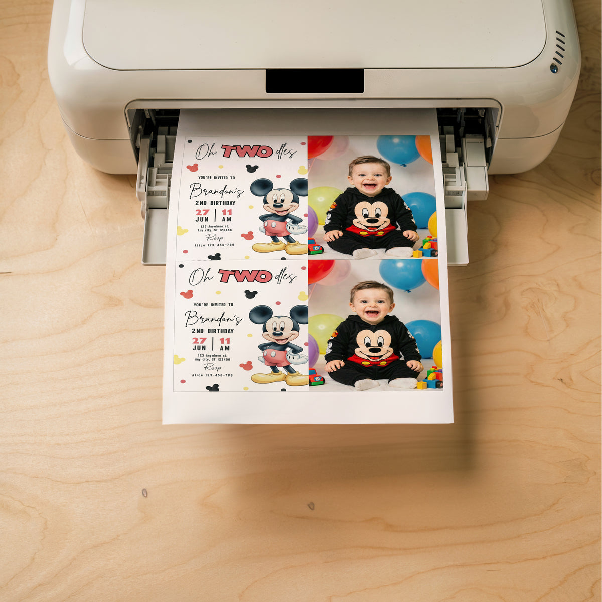 Mickey Oh TWOdles Birthday Photo Invitation, Boho Mickey Photo Invite Template, Mouse Second Birthday Photo invitation 0740
