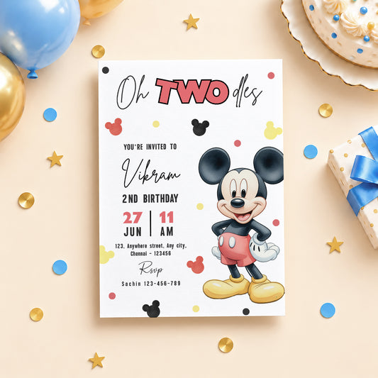 Mickey Oh Twoodles 2nd Birthday Invitation – Personalized Boy Birthday Invite | Digital & Printed