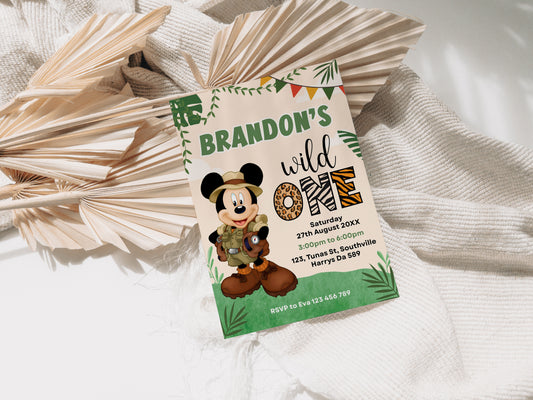 1st Birthday Mickey Mouse Invitation, Mickey Safari Editable Birthday Invite, Printable Invitation, Mickey Safari 1st birthday Invite, 0336