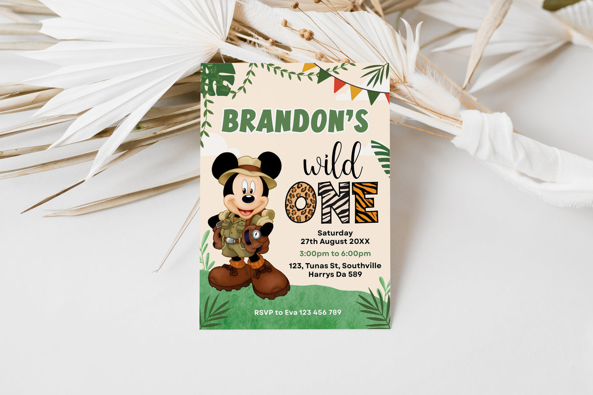 1st Birthday Mickey Mouse Invitation, Mickey Safari Editable Birthday Invite, Printable Invitation, Mickey Safari 1st birthday Invite, 0336