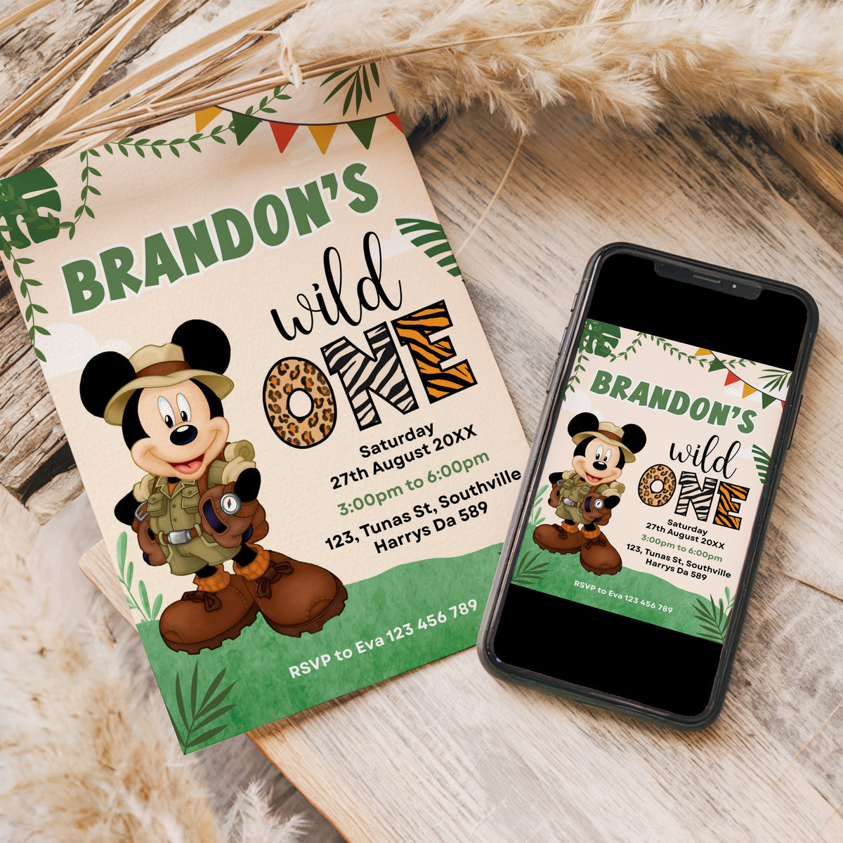 1st Birthday Mickey Mouse Invitation, Mickey Safari Editable Birthday Invite, Printable Invitation, Mickey Safari 1st birthday Invite, 0336