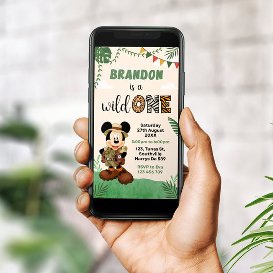 Editable Mobile Mickey Birthday Invitation Template, Safari Party Invitations, Wild One Digital Kids Party Invite, Mouse Evite, Phone 0336