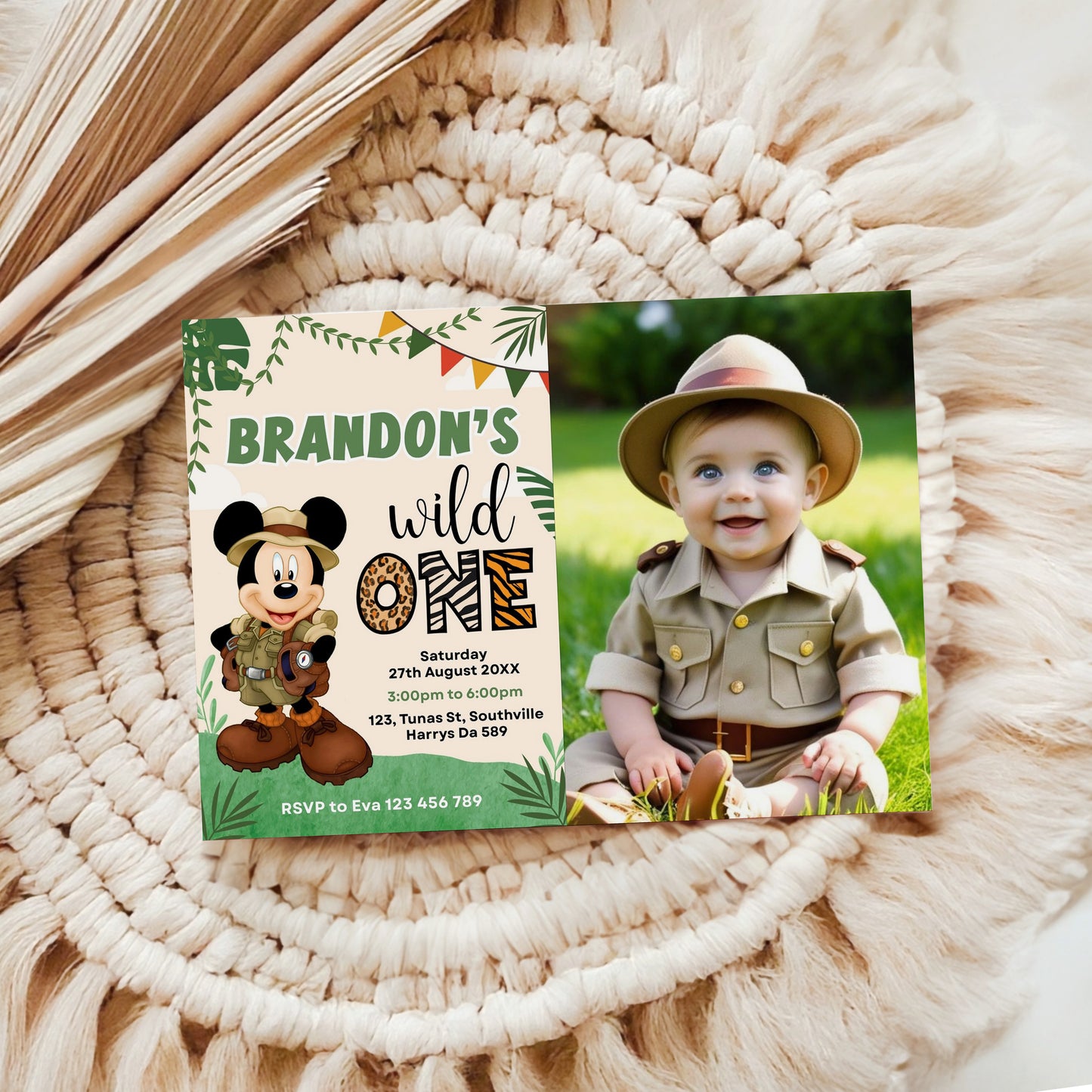 Editable Mickey Mouse 1st Birthday Party Photo Invitation, Mickey Safari Birthday Theme, Wild One Mickey Party Invite, Evite Digital, 0336