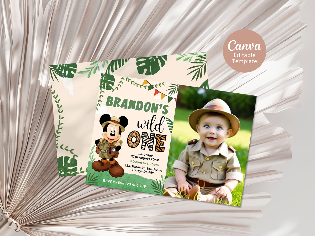 Editable Mickey Mouse 1st Birthday Party Photo Invitation, Mickey Safari Birthday Theme, Wild One Mickey Party Invite, Evite Digital, 0336