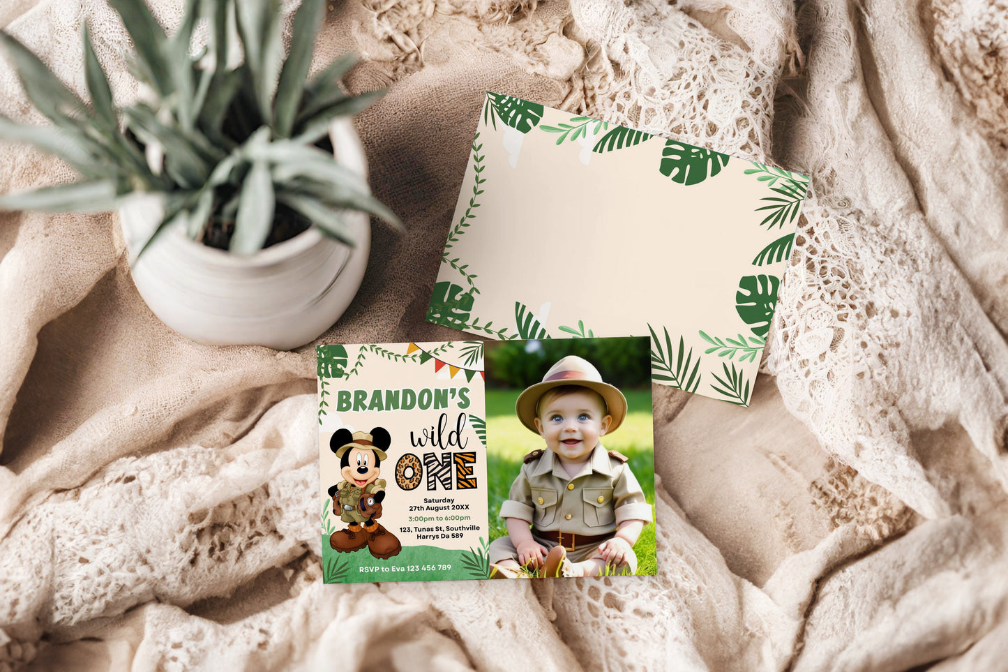 Editable Mickey Mouse 1st Birthday Party Photo Invitation, Mickey Safari Birthday Theme, Wild One Mickey Party Invite, Evite Digital, 0336