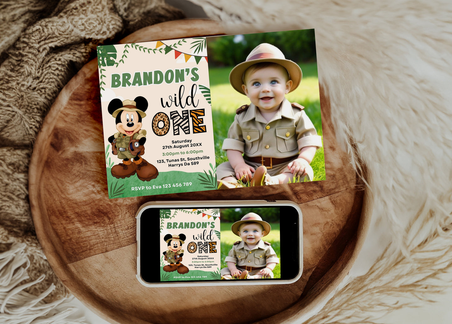 Editable Mickey Mouse 1st Birthday Party Photo Invitation, Mickey Safari Birthday Theme, Wild One Mickey Party Invite, Evite Digital, 0336