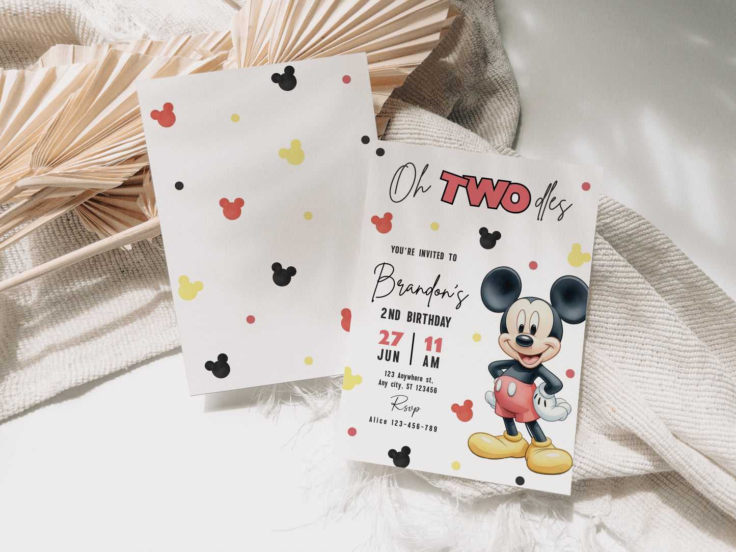 Mickey Oh TWOdles Birthday Invitation, Boho Minnie Invite Template, Mouse Second Birthday 0740