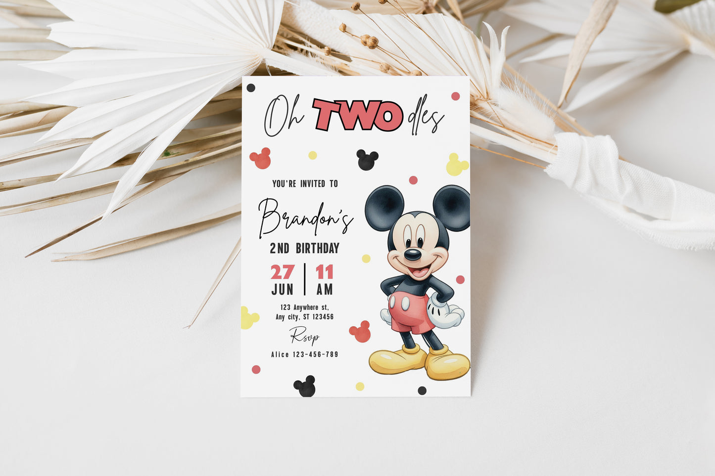 Mickey Oh TWOdles Birthday Invitation, Boho Minnie Invite Template, Mouse Second Birthday 0740