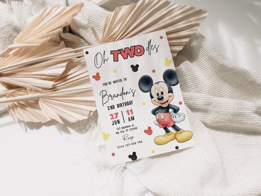 Mickey Oh TWOdles Birthday Invitation, Boho Minnie Invite Template, Mouse Second Birthday 0740