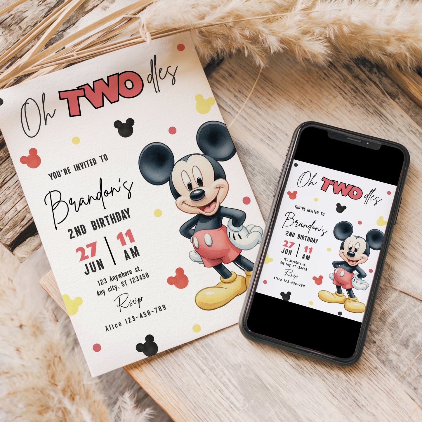 Mickey Oh TWOdles Birthday Invitation, Boho Minnie Invite Template, Mouse Second Birthday 0740