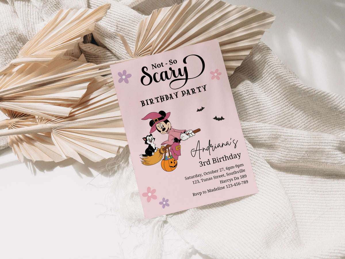 Editable Minnie Halloween girl birthday party invitation, any age Mouse Girl invite, not so scary Spooktacular, Autumn, Fall Minnie 0646