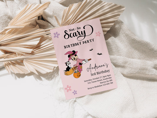 Editable Minnie Halloween girl birthday party invitation, any age Mouse Girl invite, not so scary Spooktacular, Autumn, Fall Minnie 0646