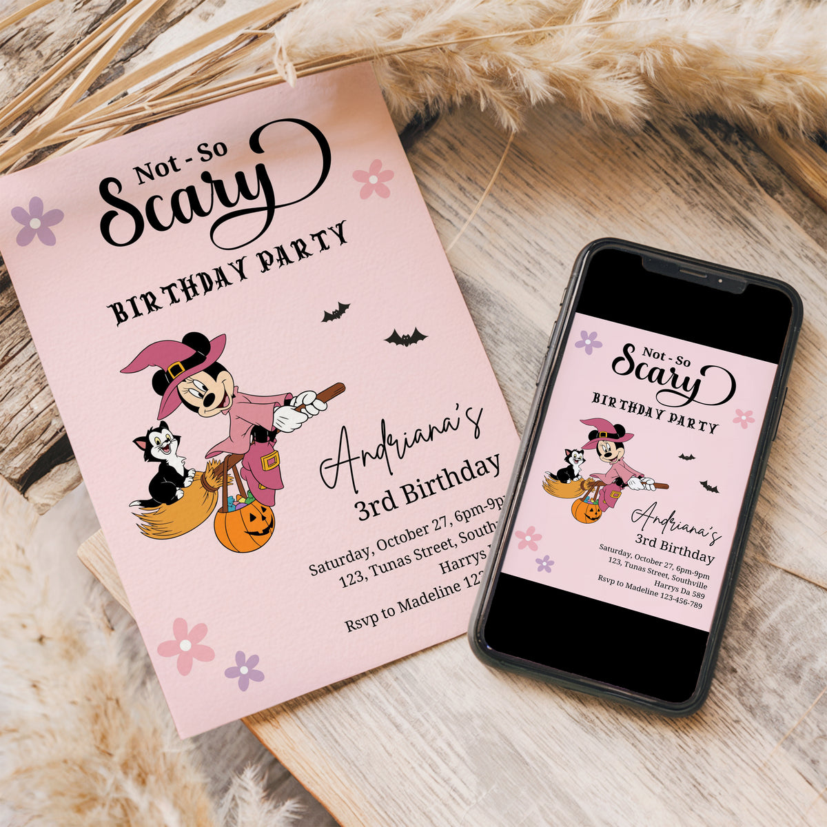 Editable Minnie Halloween girl birthday party invitation, any age Mouse Girl invite, not so scary Spooktacular, Autumn, Fall Minnie 0646