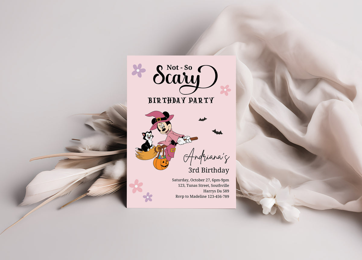 Editable Minnie Halloween girl birthday party invitation, any age Mouse Girl invite, not so scary Spooktacular, Autumn, Fall Minnie 0646