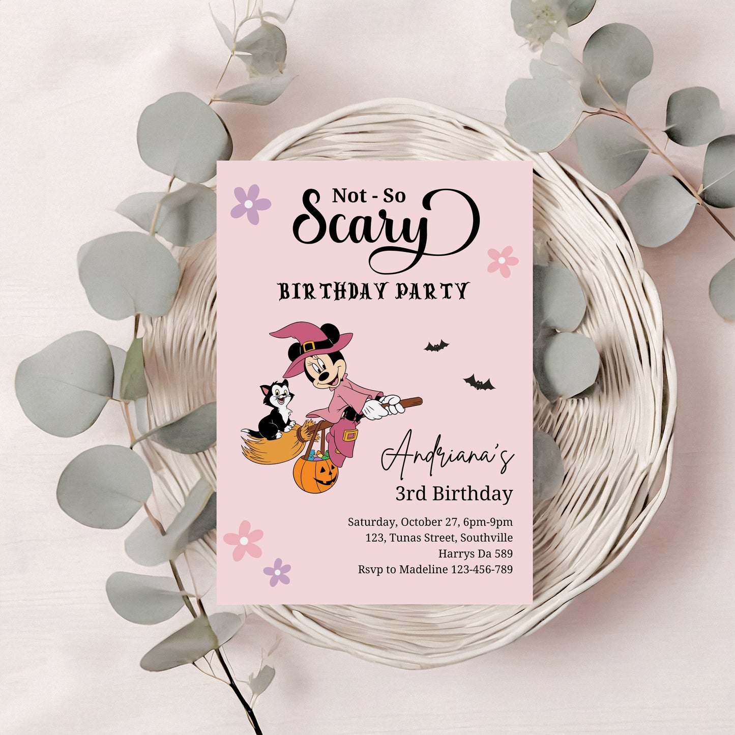 Editable Minnie Halloween girl birthday party invitation, any age Mouse Girl invite, not so scary Spooktacular, Autumn, Fall Minnie 0646