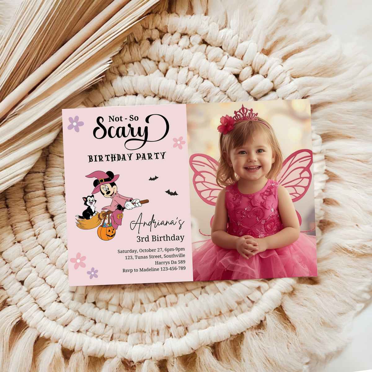 Editable Minnie Halloween girl birthday party Photo invitation, any age Mouse Girl Photo invite, not so scary Spooktacular, Autumn, Fall Minnie, 0646