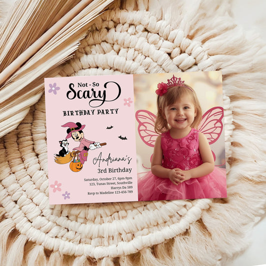 Editable Minnie Halloween girl birthday party Photo invitation, any age Mouse Girl Photo invite, not so scary Spooktacular, Autumn, Fall Minnie, 0646