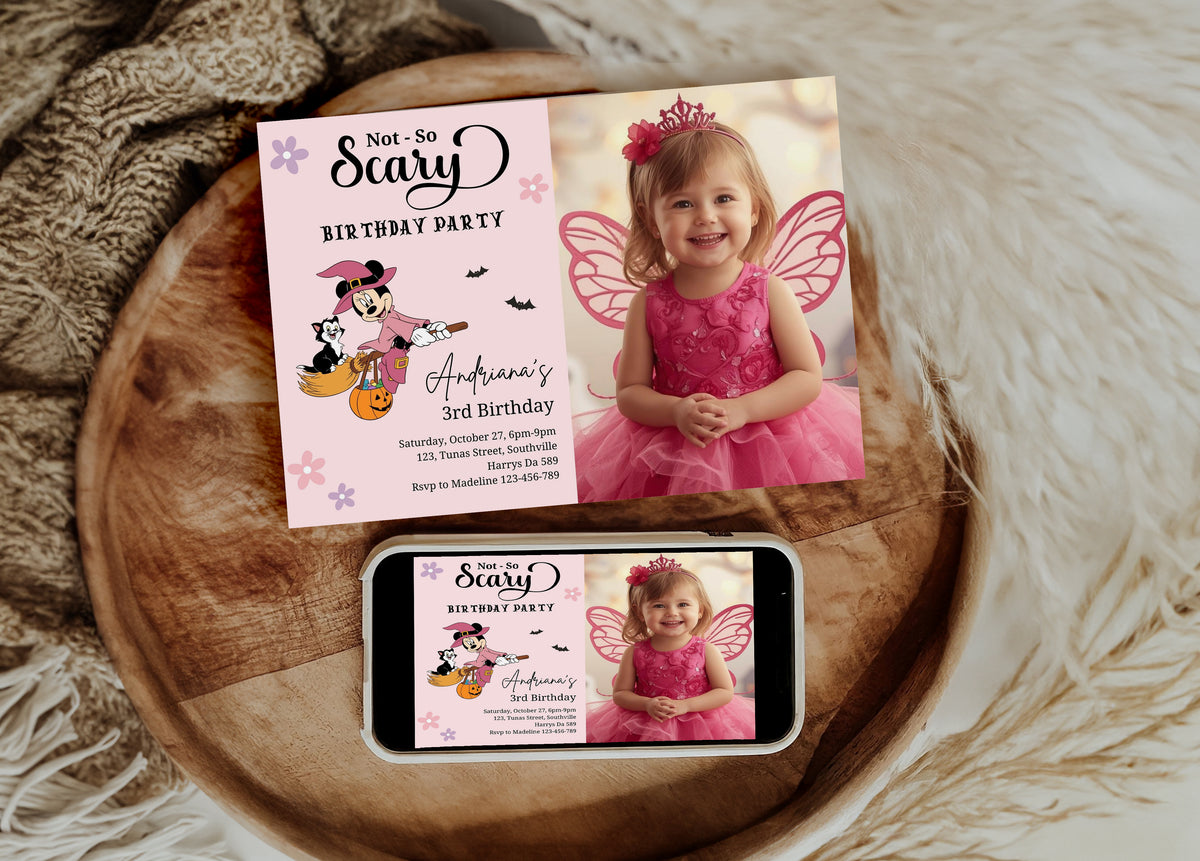 Editable Minnie Halloween girl birthday party Photo invitation, any age Mouse Girl Photo invite, not so scary Spooktacular, Autumn, Fall Minnie, 0646
