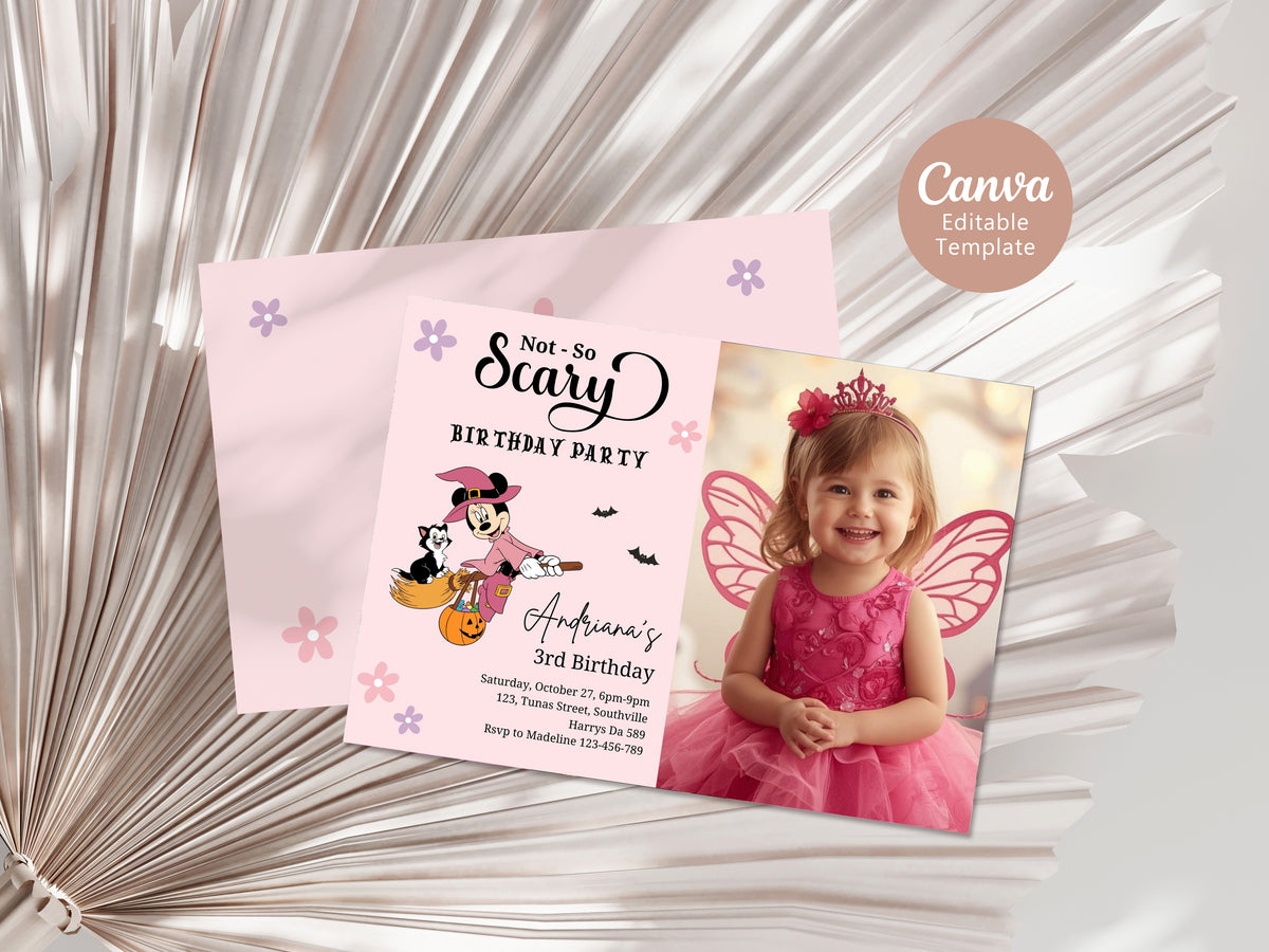 Editable Minnie Halloween girl birthday party Photo invitation, any age Mouse Girl Photo invite, not so scary Spooktacular, Autumn, Fall Minnie, 0646