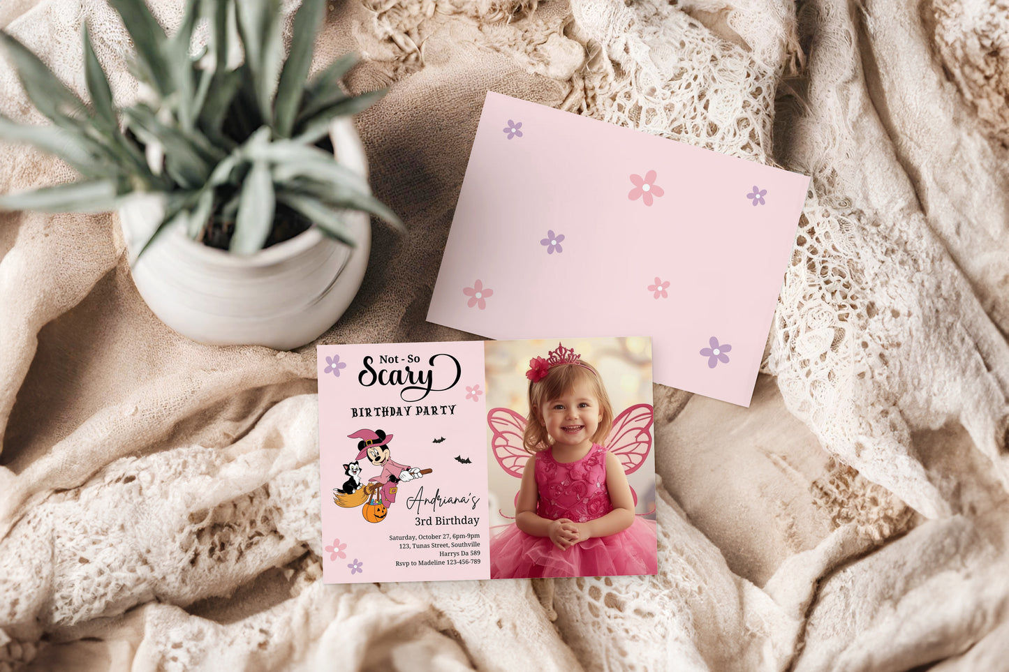 Editable Minnie Halloween girl birthday party Photo invitation, any age Mouse Girl Photo invite, not so scary Spooktacular, Autumn, Fall Minnie, 0646