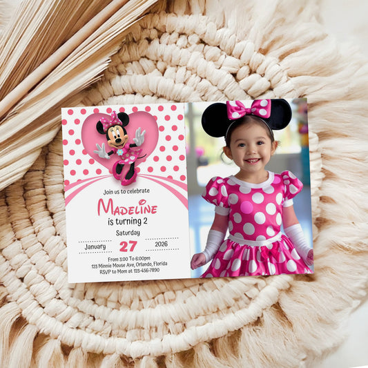 Minnie Mouse Photo Birthday Invitation Template, Printable Photo Invitation, Girl Birthday, Evite, Digital Invite, 0036