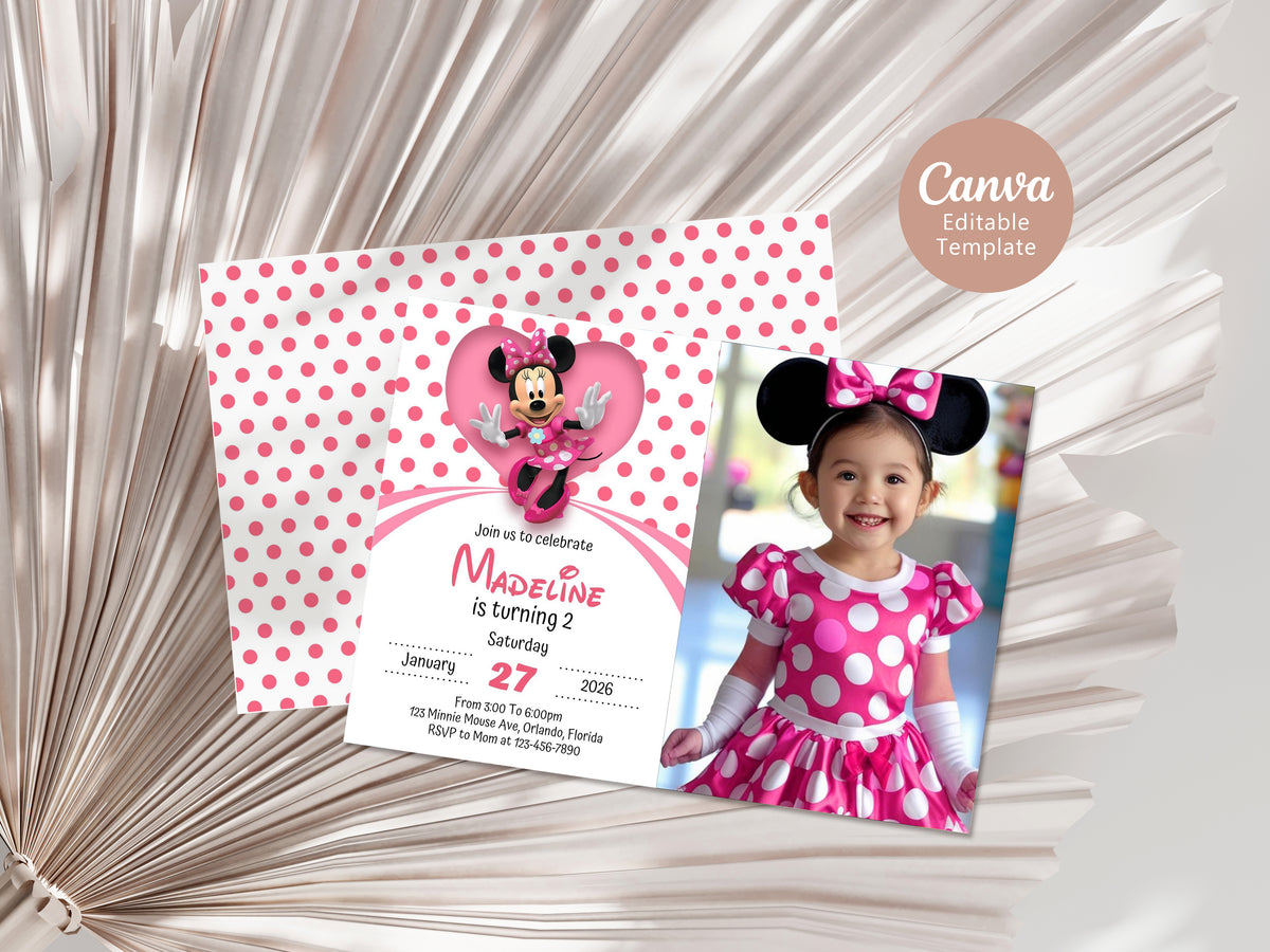 Minnie Mouse Photo Birthday Invitation Template, Printable Photo Invitation, Girl Birthday, Evite, Digital Invite, 0036