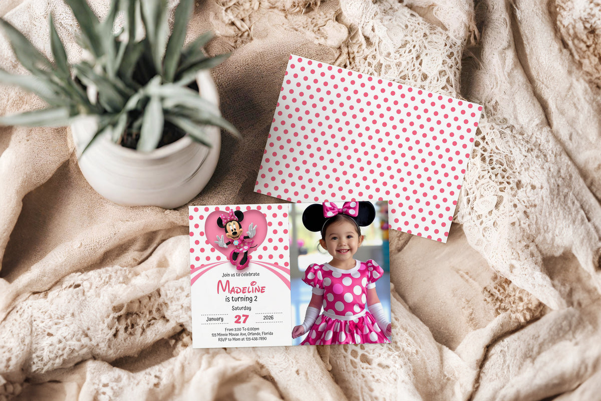 Minnie Mouse Photo Birthday Invitation Template, Printable Photo Invitation, Girl Birthday, Evite, Digital Invite, 0036