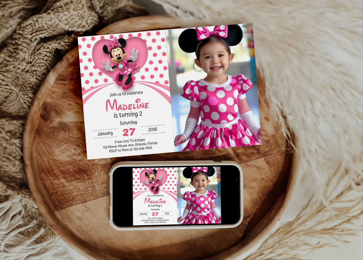 Minnie Mouse Photo Birthday Invitation Template, Printable Photo Invitation, Girl Birthday, Evite, Digital Invite, 0036