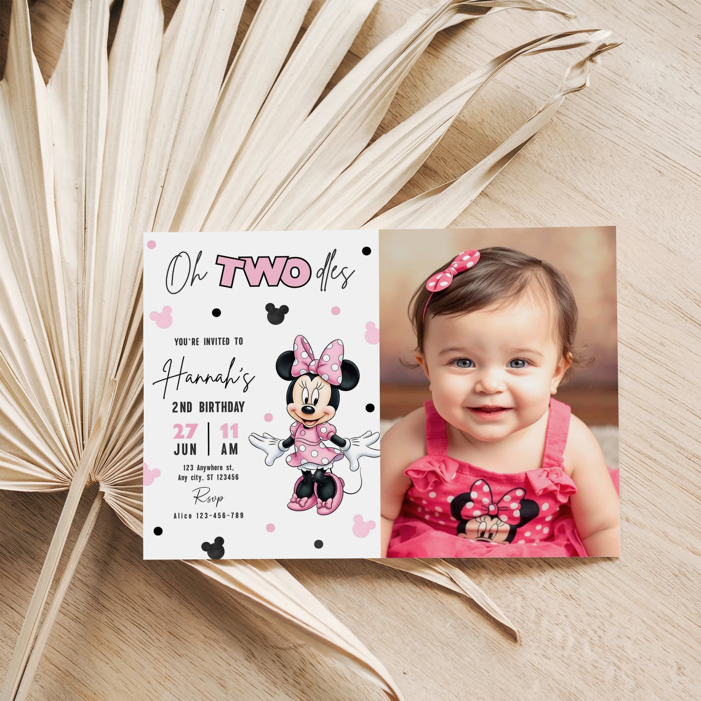 Minnie Oh TWOdles Birthday Photo Invitation, Boho Minnie Photo Invite Template, Minnie Second Birthday Photo invitation 0741