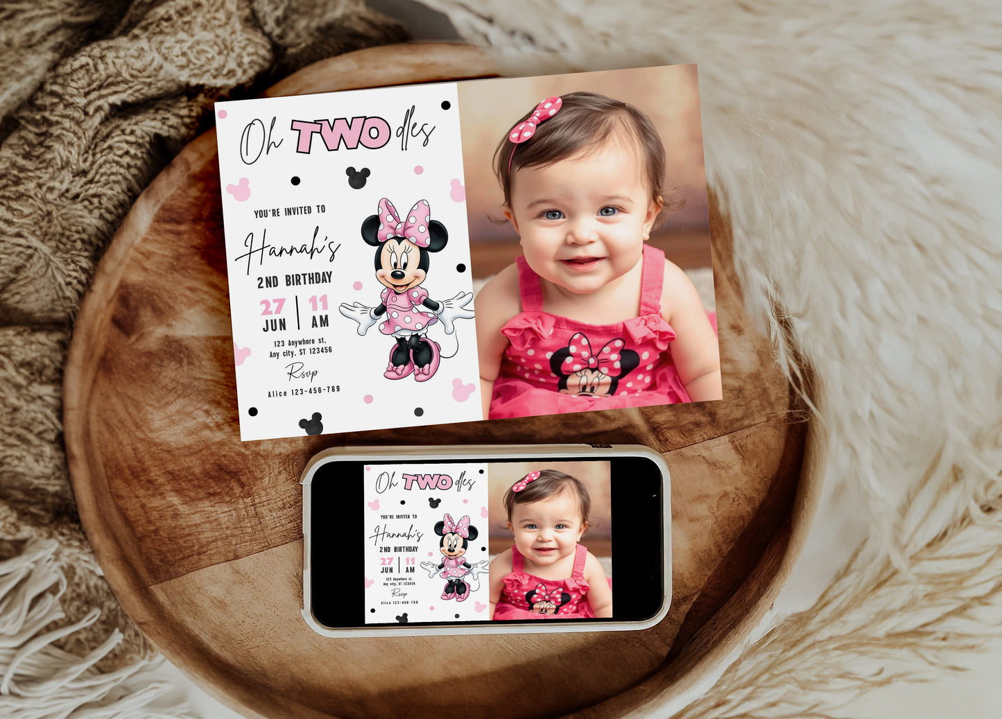 Minnie Oh TWOdles Birthday Photo Invitation, Boho Minnie Photo Invite Template, Minnie Second Birthday Photo invitation 0741