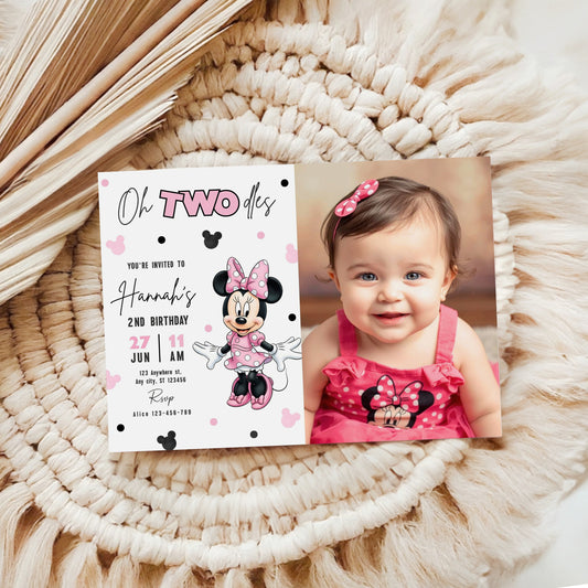 Minnie Oh TWOdles Birthday Photo Invitation, Boho Minnie Photo Invite Template, Minnie Second Birthday Photo invitation 0741