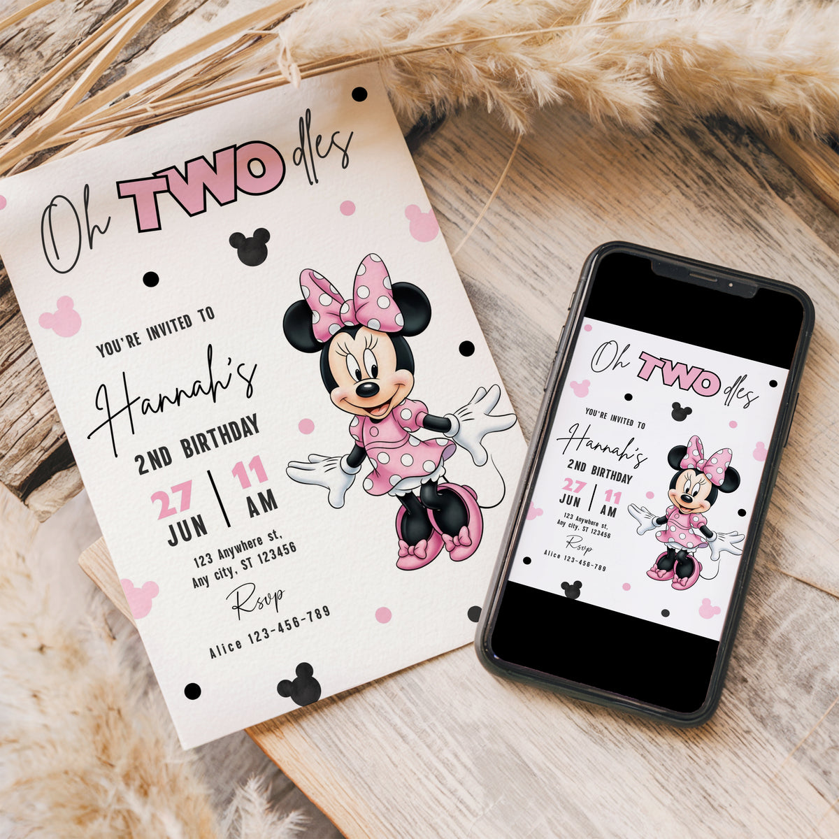 Minnie Oh TWOdles Birthday Invitation, Boho Minnie Invite Template, Mouse Second Birthday 0741
