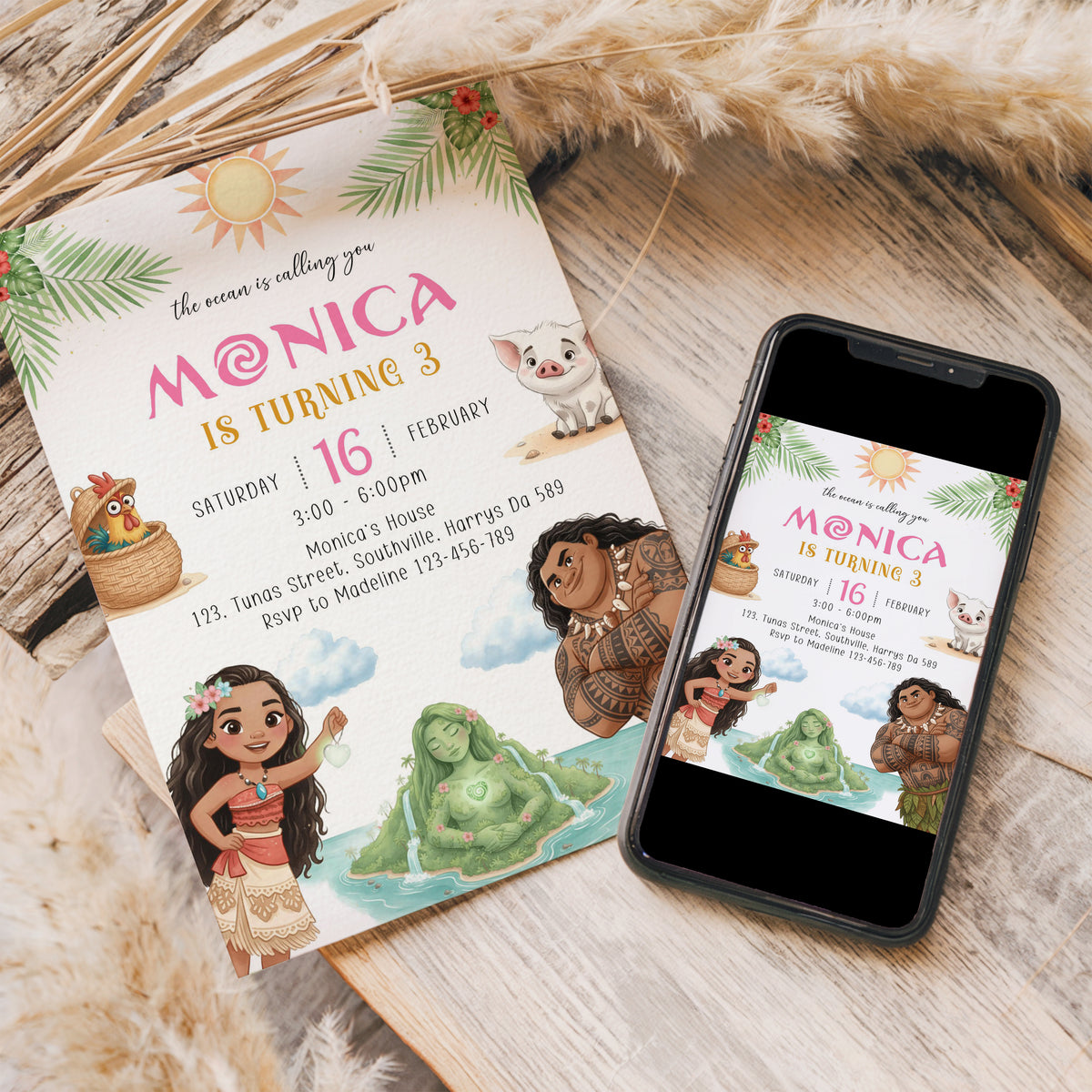 Moana Birthday Invitation Template, Printable Invitation, Girl Birthday, Evite, Digital Invite, Edit yourself 0679