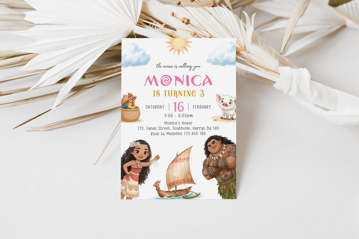 Moana Birthday Invitation Template, Printable Invitation, Girl Birthday, Evite, Digital Invite, Edit yourself 0682
