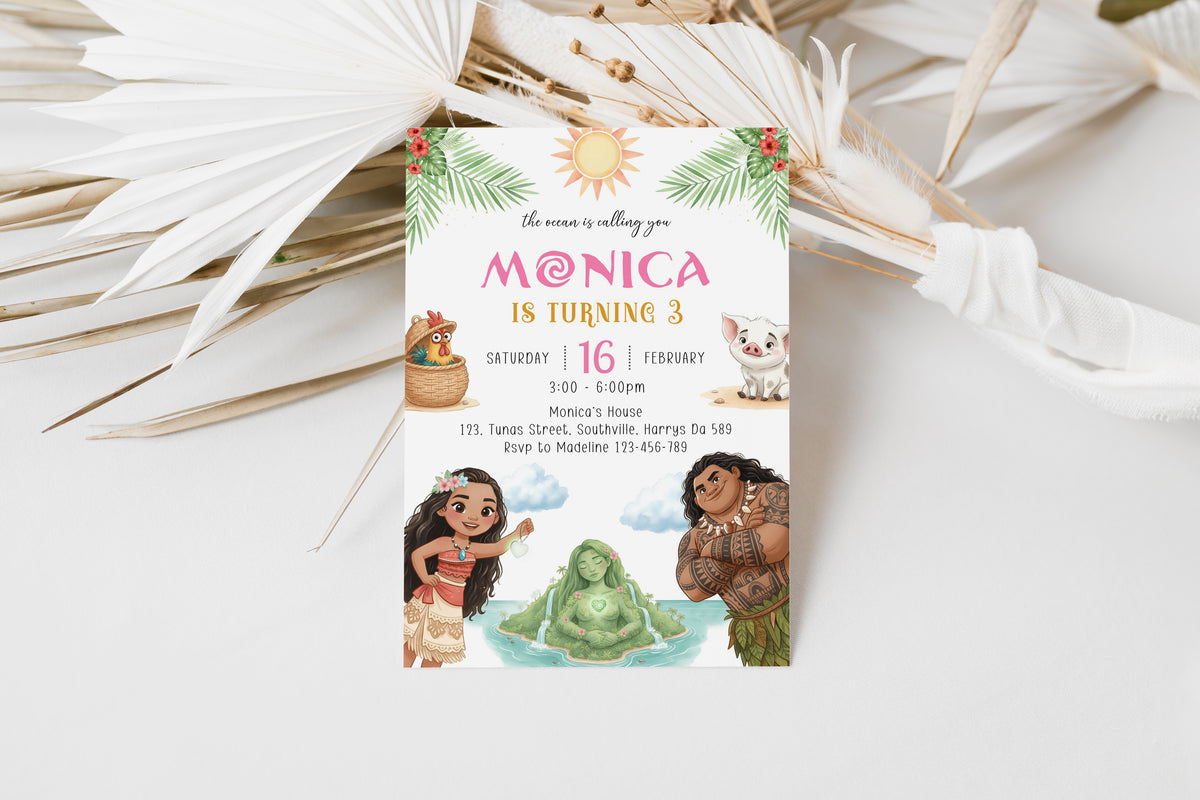 Moana Birthday Invitation Template, Printable Invitation, Girl Birthday, Evite, Digital Invite, Edit yourself 0679