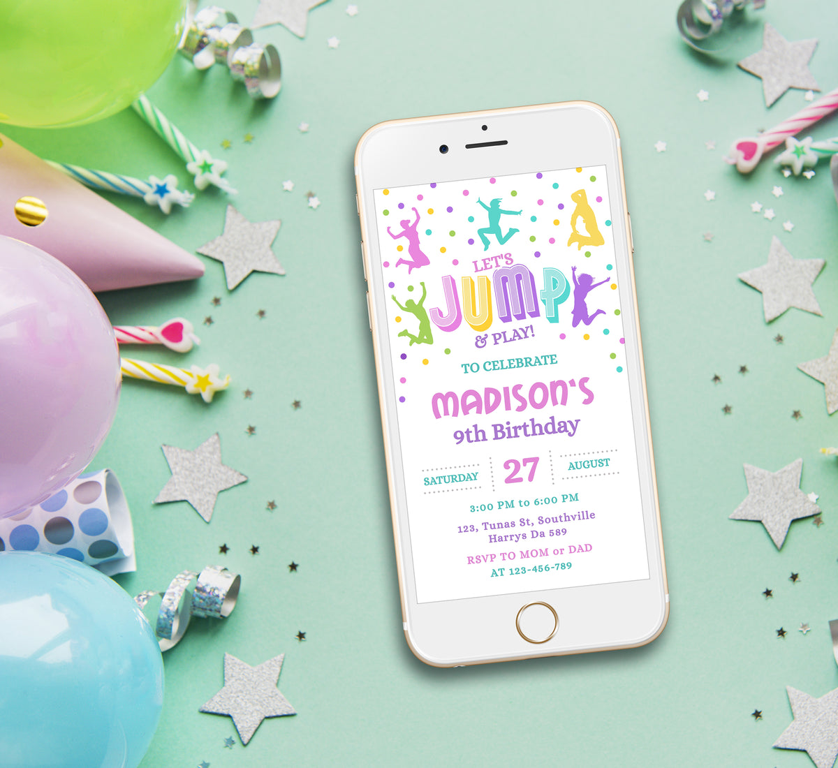Jump Birthday Invitation Template, Girl Birthday, Evite, Digital Invite, 0260