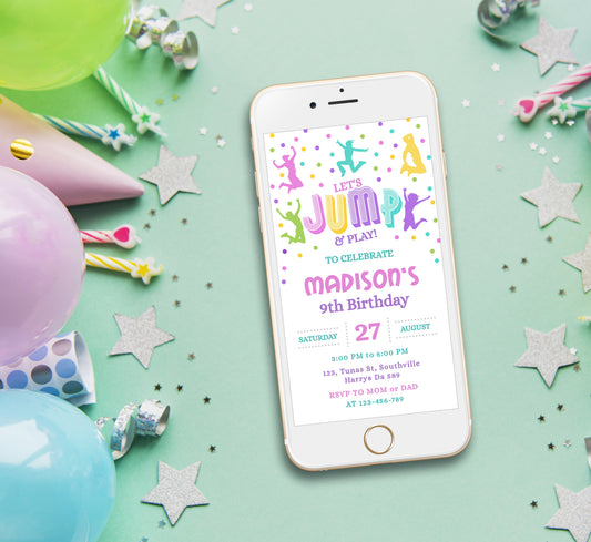 Jump Birthday Invitation Template, Girl Birthday, Evite, Digital Invite, 0260