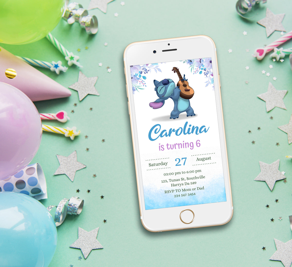 Stitch Birthday Invitation Template, Girl Birthday, Evite, Digital Invite, 0298