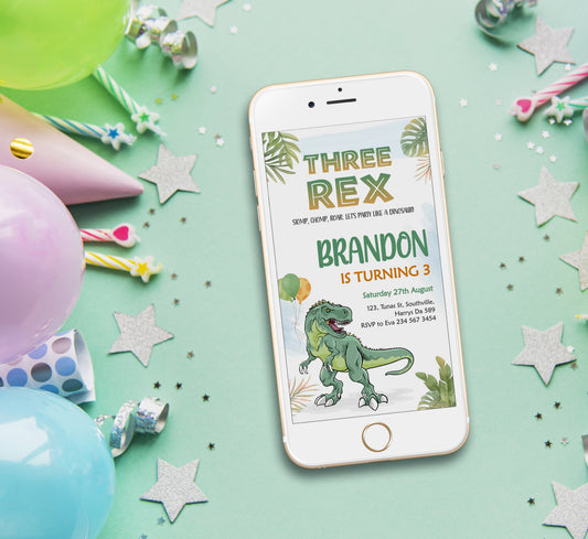 Three Rex Birthday Invitation Template, Boy Birthday, Evite, Digital Invite,  0285