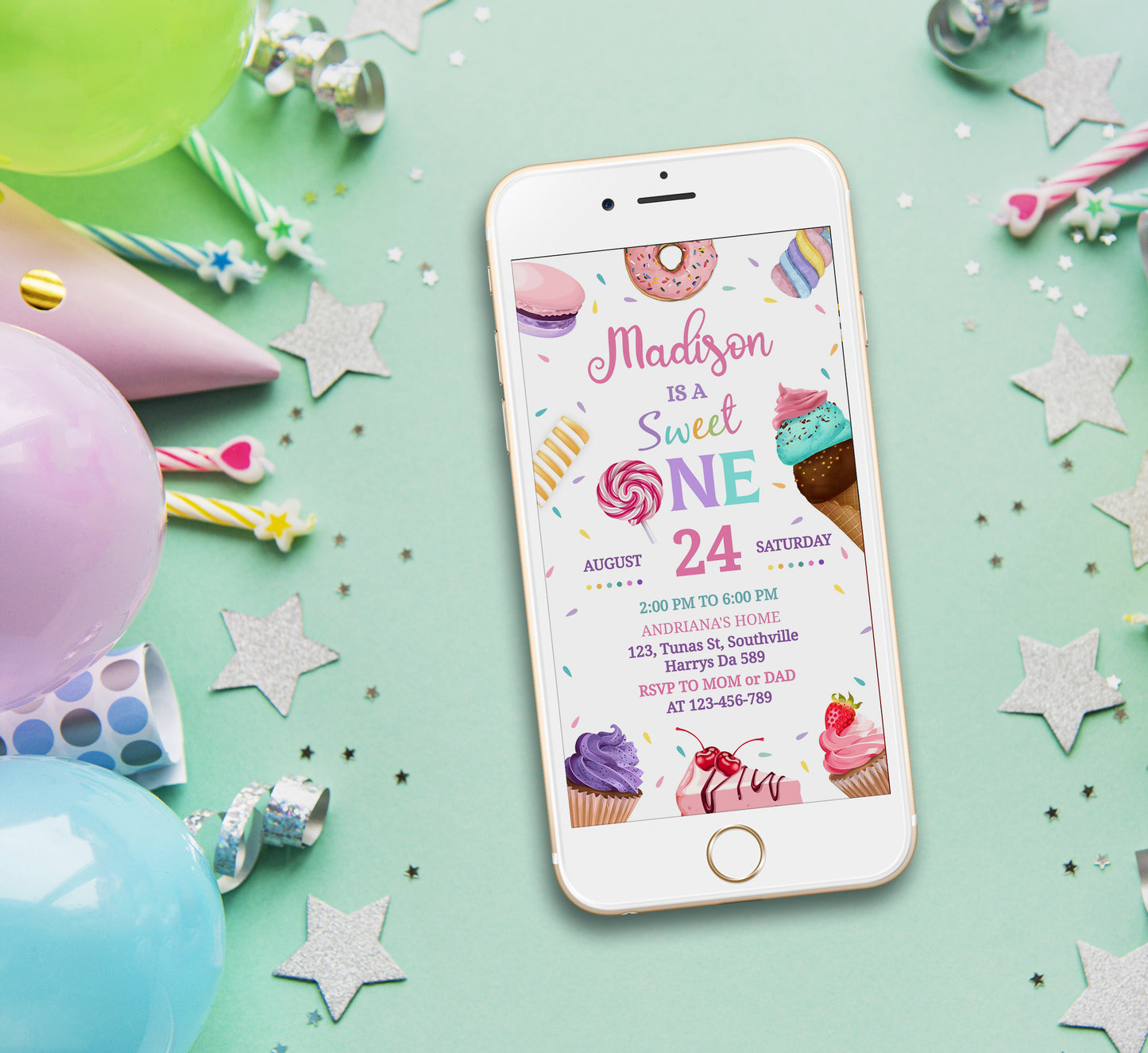 Sweet One Birthday Invitation Template, Girl Birthday, Evite, Digital Invite, 0165