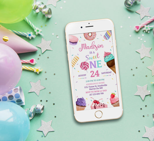Sweet One Birthday Invitation Template, Girl Birthday, Evite, Digital Invite, 0165