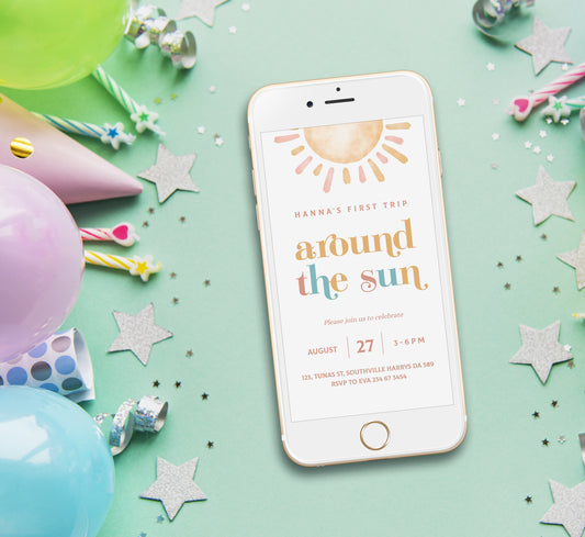 Sun Birthday Invitation Template, Girl Birthday, Evite, Digital Invite, 0286
