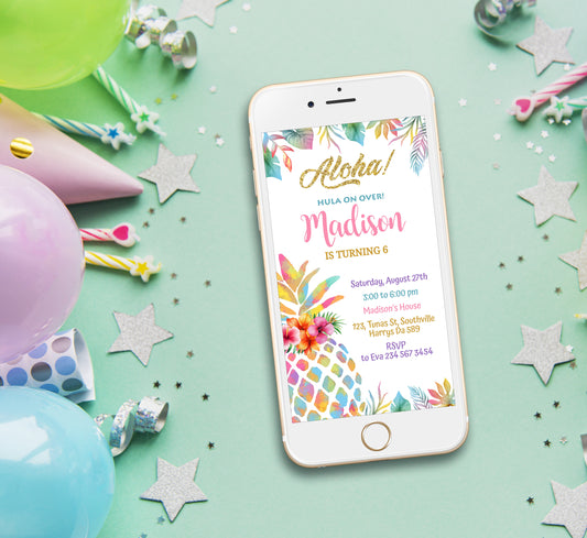 Pineapple Birthday Invitation Template, Girl Birthday, Evite, Digital Invite,  0173