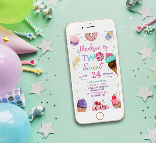Two Sweet Birthday Invitation Template, Girl Birthday, Evite, Digital Invite, 0168