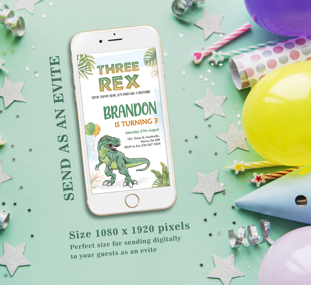 Three Rex Birthday Invitation Template, Boy Birthday, Evite, Digital Invite,  0285
