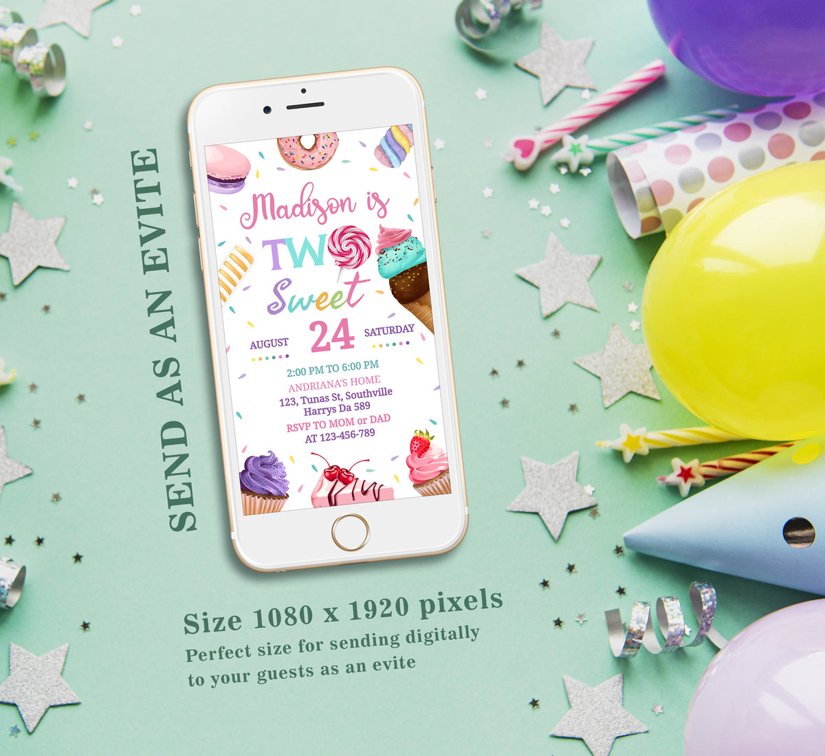 Two Sweet Birthday Invitation Template, Girl Birthday, Evite, Digital Invite, 0168