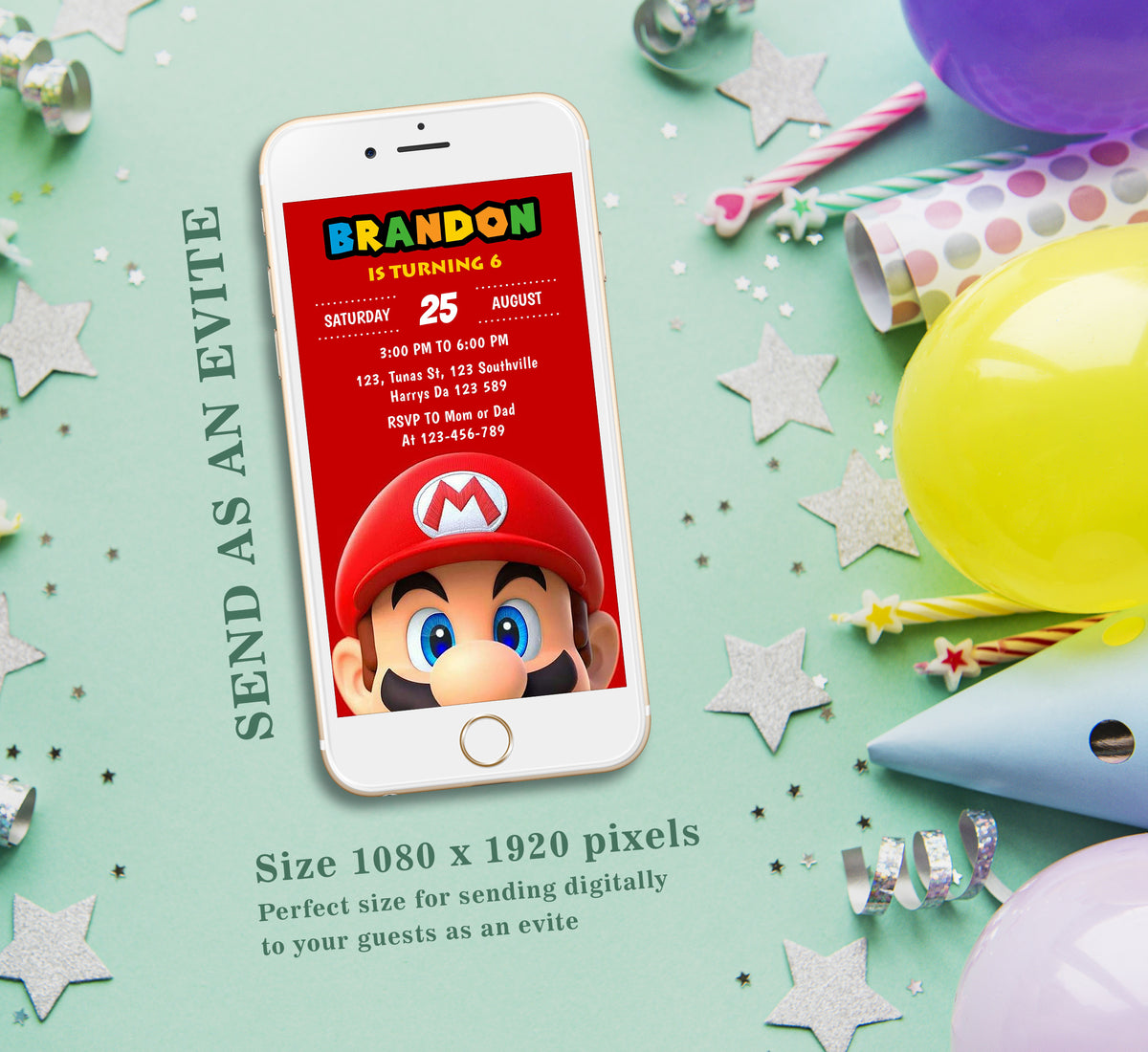 Super Mario Birthday Invitation Template, Girl Birthday, Evite, Digital Invite, 0294