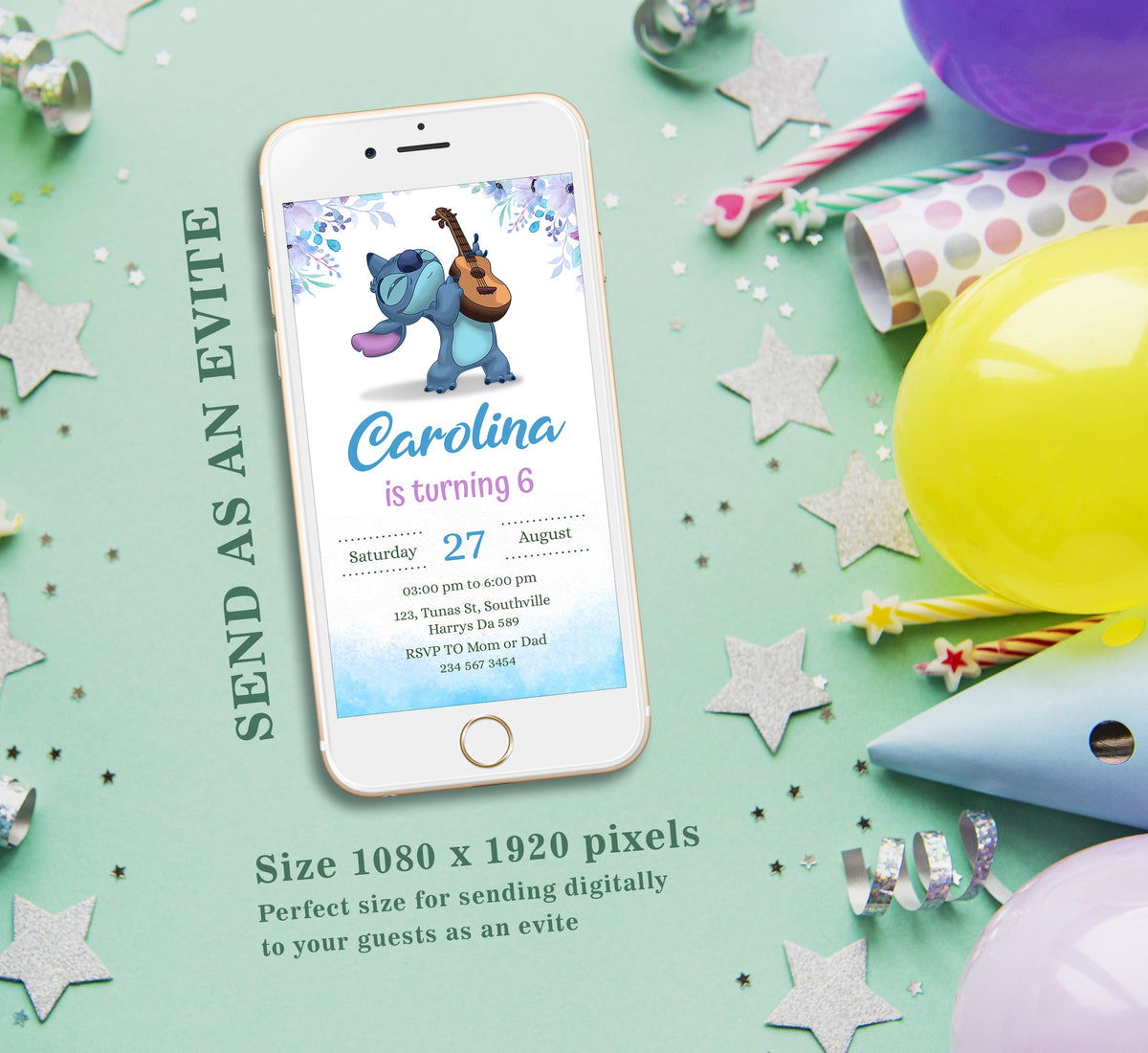 Stitch Birthday Invitation Template, Girl Birthday, Evite, Digital Invite, 0298