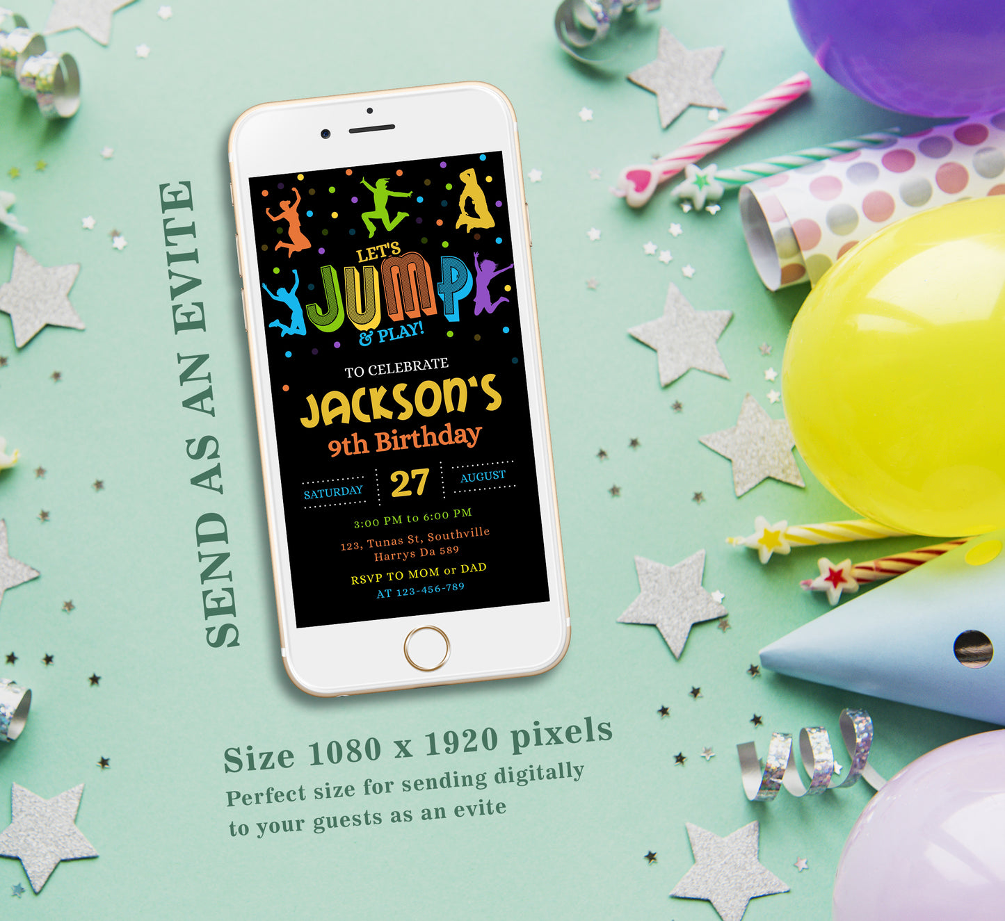Jump Birthday Invitation Template, Boy Birthday, Evite, Digital Invite,  0170
